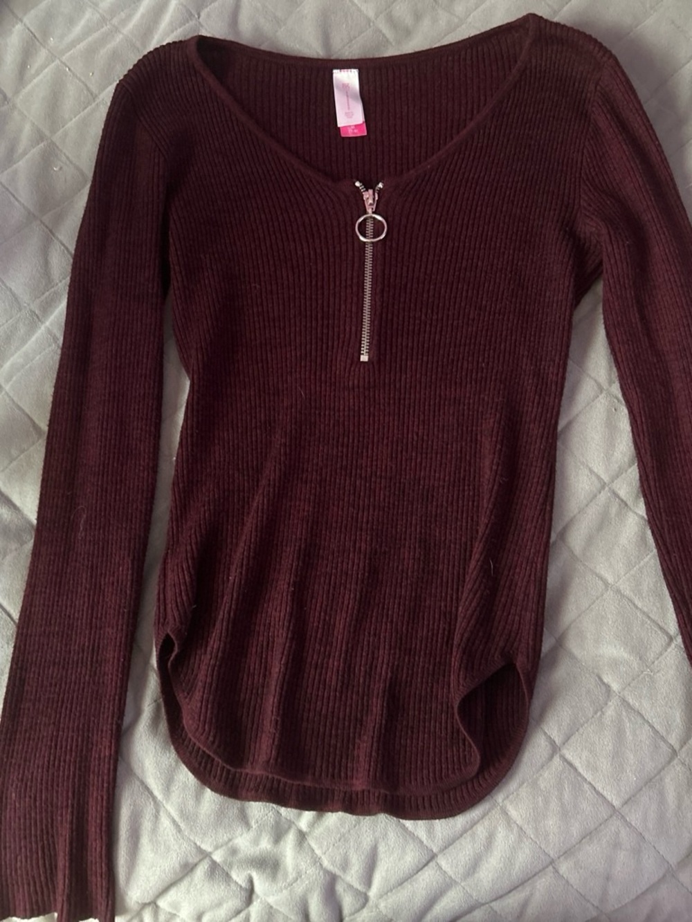No Boundaries Burgundy Ribbed Long-Sleeve Zip Top